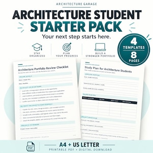 Pode incluir: Pacote inicial para estudantes de arquitetura em download digital com 4 modelos e 8 páginas. Inclui uma lista de verificação para portfólio e um plano de estudos. Disponível nos tamanhos A4 e US Letter como PDF imprimível.