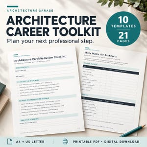 Pode incluir: Um conjunto de documentos Architecture Career Toolkit com 10 modelos e 21 páginas. As páginas incluem uma lista de verificação para revisão de portfólio de arquitetura e uma matriz de habilidades para arquitetos com seções técnicas.