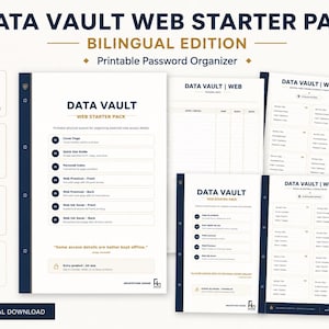 Op de afbeelding: Een tweetalige, printbare wachtwoordorganizer Data Vault Web Starter Pack met 14 A4-pagina's in twee PDF-bestanden. De documenten bevatten voorbladen, snelstartgidsen, persoonlijke indexen en web-invoerformulieren met donkerblauwe en gouden tekstaccenten.