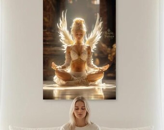 Angel Meditation Wall Art for Home Decor, Serenity Angel Print, Spiritual Golden Light Bedroom Wall Decor