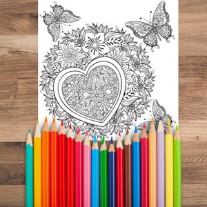 Relaxing coloring page for adults - heart with flowers and butterflies, PDF