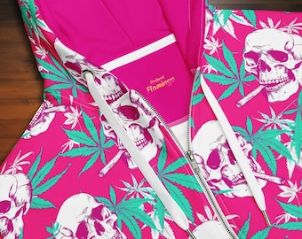 Bright Hippie Stoner Hoodie - Pink & Mint Green with Smoking Skulls and Marijuana zip up