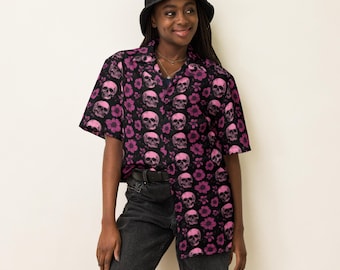 Black Dress Shirt with Pink Skulls & Flowers