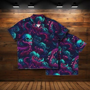 Eldritch shadows at sea: Men&#39;s Spooky Eldritch Horror Hawaiian Shirt, Horror Tropical Hawaii Shirt, Monsters Aloha Shirt
