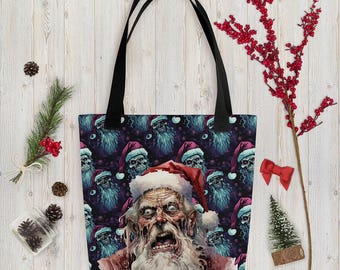 Spooky Goth Zombie Santa Pattern Tote - Purple and Red for a Hauntingly Stylish Look