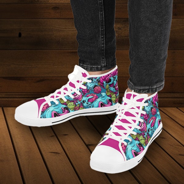 Mens Hightop sneakers | Abstract Exploding Zombie Sneakers | Whimsical Abstract Design | Unique Horror Lover's Footwear