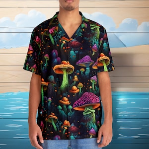 Psychedelic Mushroom Festival Hawaiian Shirt | Moody Psychedelic Colors | Enigmatic Fungi Nature Design