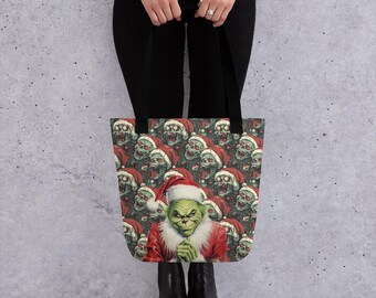 Spooky Grinch Pattern Tote - Green and red for a Hauntingly Stylish Look