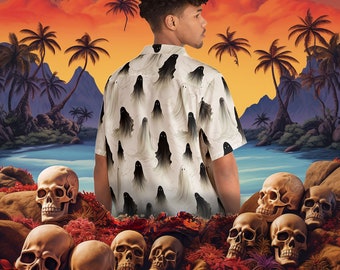 Spooky Surreal Ghost Hawaiian Shirt | Halloween Button-Up | Eerie Ghost Pattern Aloha Shirt | Unique Clothing Design