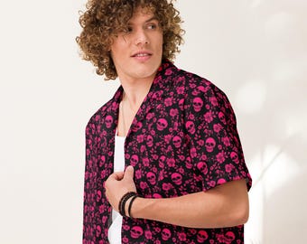 Black Dress Shirt with Pink Skulls & Flowers