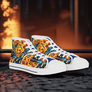 Mens Hightop sneakers | Abstract Exploding Pizza Sneakers | Whimsical Foodie Design | Unique Pizza Lover&#39;s Footwear