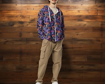 Big and Tall Bright Spooky Mushrooms & Psychedelic Hippie Hoodie - Blues and Purples for a Trippy Vibe