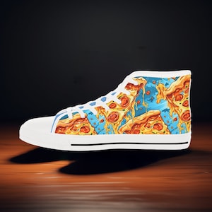 Mens Hightop sneakers | Abstract Exploding Pizza Sneakers | Whimsical Foodie Design | Unique Pizza Lover&#39;s Footwear