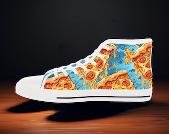 Mens Hightop sneakers | Abstract Exploding Pizza Sneakers | Whimsical Foodie Design | Unique Pizza Lover's Footwear