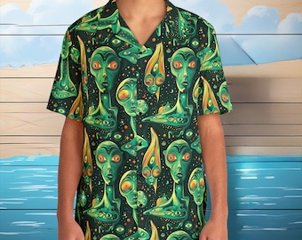 Psychedelic Extraterrestrial Elegance: Alien Button-Up Shirt - Explore the Cosmos in Style!