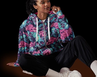 Big and Tall, Bright Spooky Skulls & Hawaiian Pattern Hoodie - Blue and Pink for a Bold, Tropical Twist