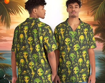 Extraterrestrial Elegance: Alien Button-Up Shirt - Explore the Cosmos in Style!