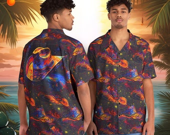 Galactic Rodeo: Psychedelic Space Cowboy Button-Up Shirt - Ride the Cosmic Range in Style!