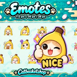 Könnte beinhalten: Eine digitale Sammlung von Katzen-Emotes, die Charaktere in Bananenkostümen zeigen. Das Set enthält verschiedene Ausdrücke und Aktionen mit Textbeschriftungen wie HYPE, GG und NICE. Der Hintergrund ist hellblau mit Kirschblüten.