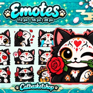 Könnte beinhalten: Eine digitale Sammlung von Katzen-Emotes mit schwarzen Katzen, weißen Gesichtsmarkierungen, roten Herzdetails und roten Rosen. Der Text lautet Emotes, 112 px | 56 px | 28 px, und Catbasketshop. Die Katzen zeigen verschiedene Ausdrücke und Aktionen.