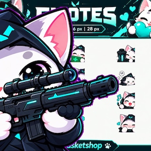 Könnte beinhalten: Ein digitales Sticker-Set mit einer weißen Katzenfigur, die eine schwarze Kapuze mit türkisfarbenen Akzenten trägt. Die Katze ist in verschiedenen Posen dargestellt, darunter mit einem Scharfschützengewehr, einem türkisen Herz und Sonnenbrille.