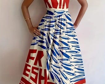 Sardine Print Spaghetti Strap Midi Dress