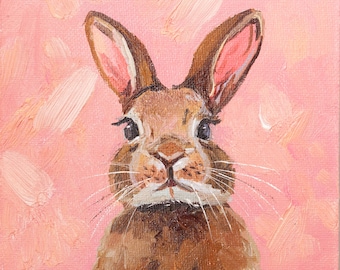 Kaninchen-Ölgemälde, rosa Kaninchen ursprüngliche Kunst, kleines Tierkunstwerk 15x15