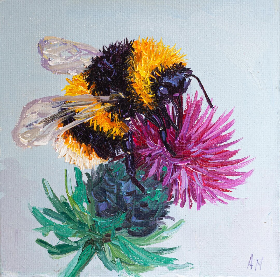 Bumblebee Painting Thistle Original Art Oil Impressionist Artwork Bee ...