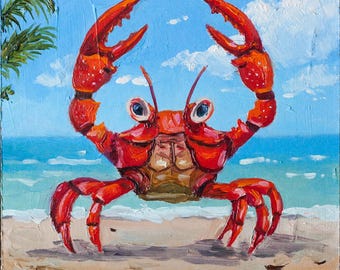 Crab Oil Painting, California Beach Original Art, 6x6, Gift For Sea Lovers