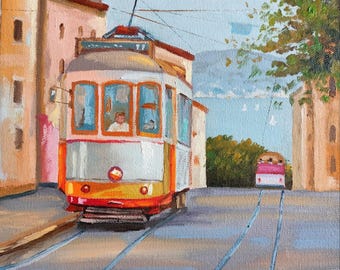 Dipinto ad olio raffigurante un tram di Lisbona, paesaggio urbano portoghese, arte murale di una città europea, souvenir di viaggio, impasto originale su tela.