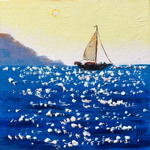 Small Sailboat Oil Painting Original Seascape Wall Art Mini Ocean Sailing Landscape Coastal Nautical Artwork 5x5 by AlenkaPainting