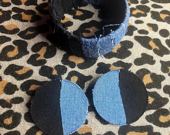Handmade Black and Blue Denim Jewelry Set - Statement Bracelet and Earrings