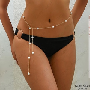 Gold Pearl Dangle Belly Chain with Extendable Clasp – Boho Bohemian Beach Waist Body Chain Jewelry for Women