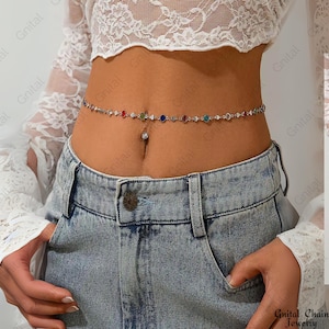 Adjustable Silver Multicolor Gemstone Belly Chain – Dainty Boho Waist Body Chain for Women