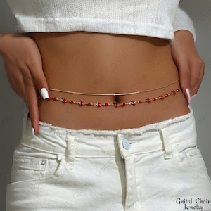 Sommer Bauch Kette, Benutzerdefinierte Birthstone Körper Kette, Taille personalisierte Schmuck Granat Rubin Strand Schmuck für Frauen Geschenke für sie