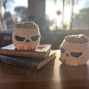 May include: Two crocheted skull-shaped containers with open tops, one atop a stack of books. The skulls are off-white with black eye sockets and orange teeth. The open tops are filled with green and brown crocheted material.