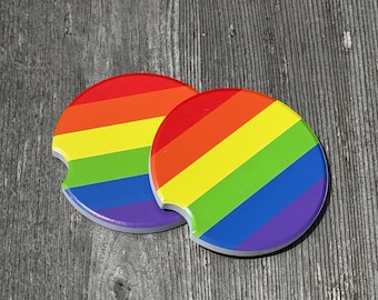 2 Pride Rainbow Ceramic Coasters | LGBTQ Car Coasters | Rainbow Coaster Set | Ceramic Cup Holder Coasters | Pride Gift | UV Printed Coasters