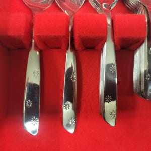 Puede incluir: Un juego de cubiertos plateados, que incluye cucharas y utensilios para servir, exhibido en un estuche forrado de terciopelo rojo. Cada pieza está adornada con un delicado diseño floral.