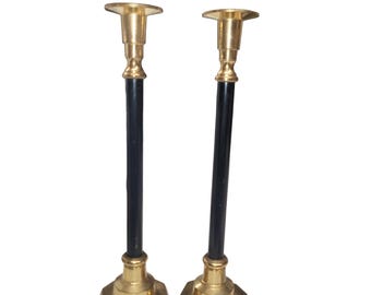 Vintage Brass and Black Column Candlestick Holders Set of 2 Octagonal Base 12in