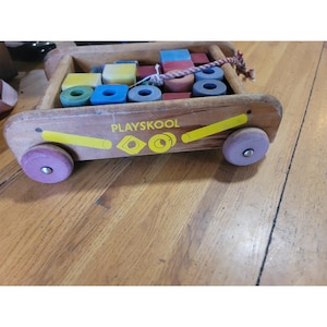 Playskool Hölzerne Wagon Spielzeug-Blöcke ziehen entlang Vintage Lern-Kleinkind