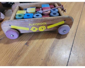 Rare 70s Playskool Wagon of Wooden Shapes Vintage Kid Toys