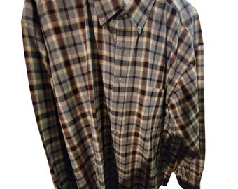 Camisa xadrez masculina Sir Pendleton XL de lã com botões marrom, cinza e bege vintage