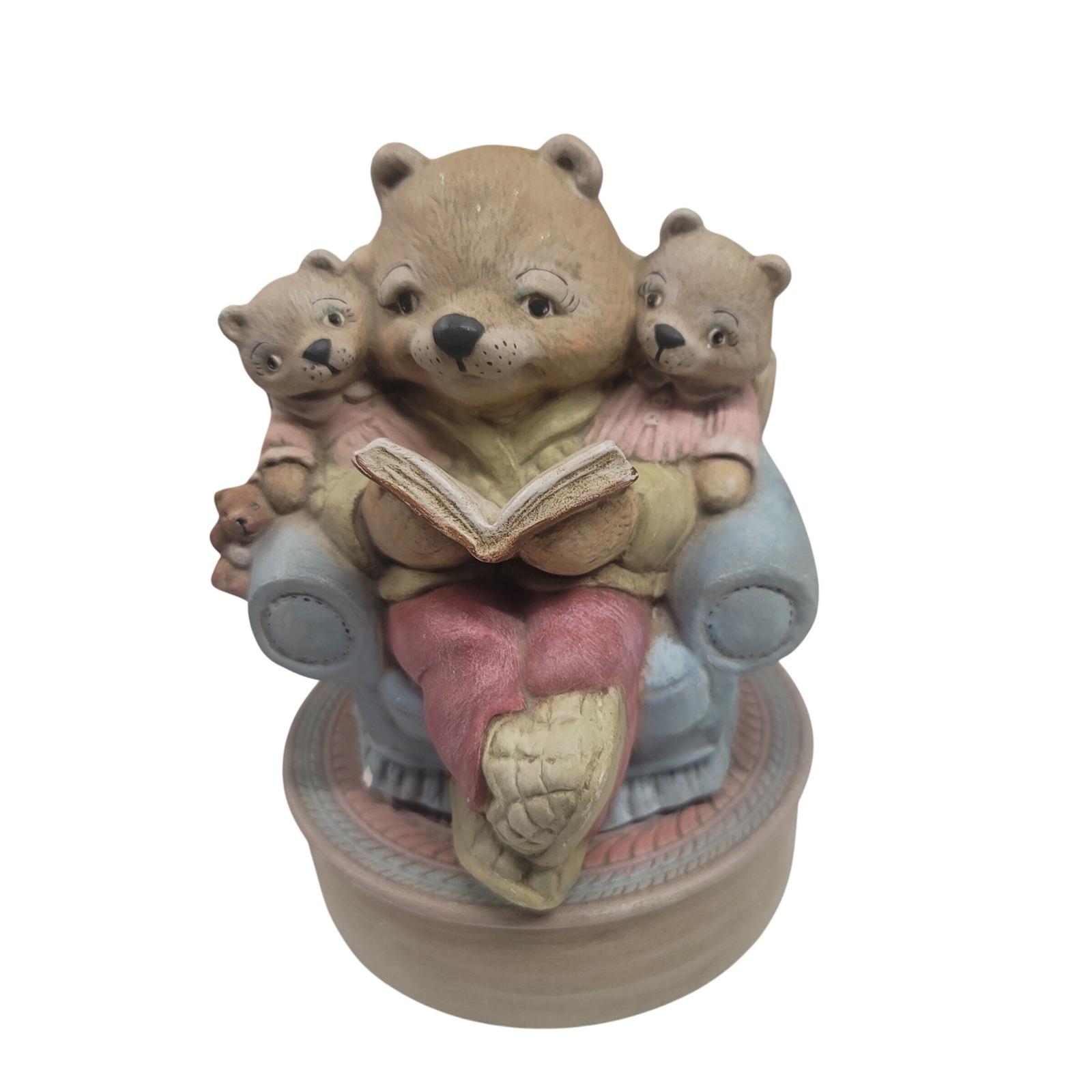 Vintage Bear Family Reading Armchair Music Box Japan 1985 Ceramic