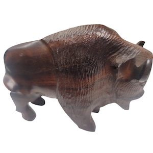 Hand Carved Wooden Buffalo Figurine Bison Sculpture Rustic Decor