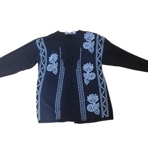 Mixit Vintage Schwarz Weiß Floral Gestickt Ramie Baumwolle Strickjacke Klein