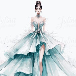 Könnte beinhalten: Aquarell-Illustration eines formellen Kleides in Türkis und Weiß. Das Kleid hat einen hohen Schlitz, einen geschichteten Rock und zarte Verzierungen. Das Design umfasst einen transparenten Ausschnitt und Schneeflocken-Akzente.
