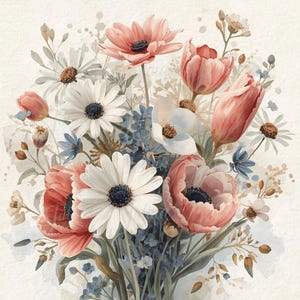 Könnte beinhalten: Aquarell-Illustration eines Blumenstraußes. Die Anordnung zeigt weiße Gänseblümchen mit dunklen Zentren, korallenfarbene Mohnblumen und Tulpen sowie kleine blaue Blumen. Der Hintergrund ist ein weicher, cremefarbener Farbton.