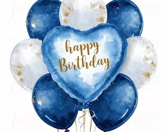 12 Watercolor Balloon Clipart Set, Happy Birthday Balloons in Blue & White, Party Decoration, High-Resolution PNG, 300 DPI, Printable, Instant Download