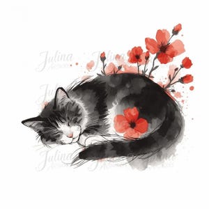 Puede incluir: Ilustración en acuarela de un gato durmiente con pelaje negro y gris, acentuado por flores y capullos rojos. El gato está acurrucado, con los ojos cerrados, y las flores están colocadas alrededor de su cuerpo.