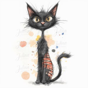 Könnte beinhalten: Skurrile Illustration einer schwarzen Katze mit gelben Augen und einem rot-weiß gestreiften Muster an der Seite. Die Katze sitzt aufrecht mit langem Hals und einem lächelnden Gesichtsausdruck. Aquarellfarbspritzer in Orange, Gelb und Blau befinden sich im Hintergrund.